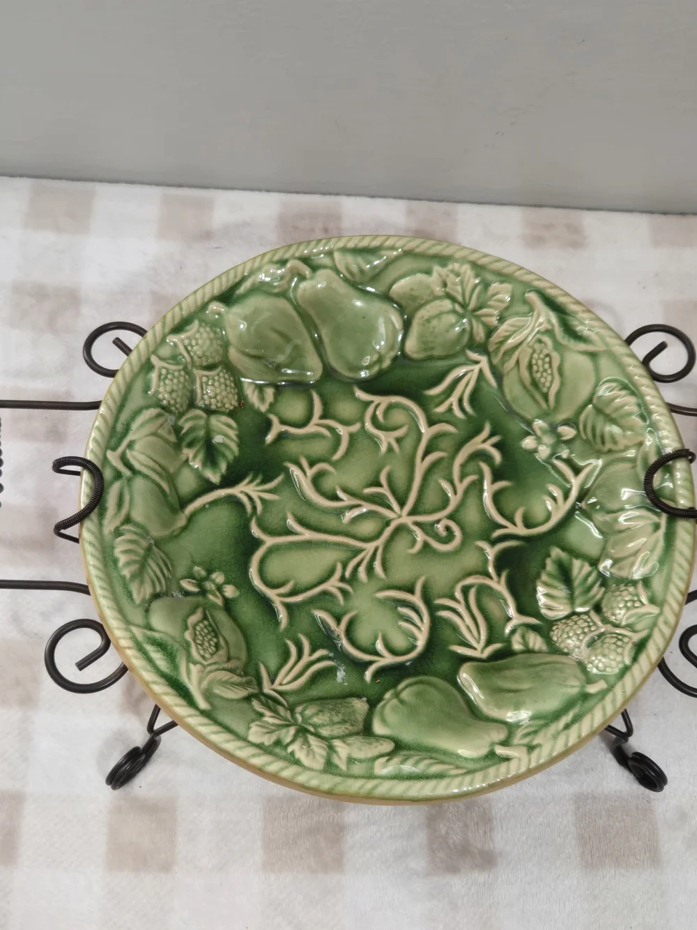 VintageGreen Round Floral Ceramic Tray 15 in w/ Black Metal Stand Handles Glossy